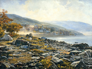 обоя утро на афоне, рисованное, василий нестеренко, горы, туман, монастырь, море, утро, деревья, камни