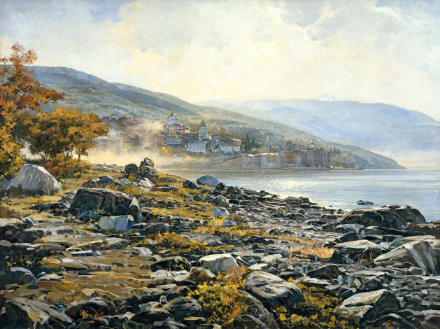 Обои картинки фото утро на афоне, рисованное, василий нестеренко, горы, туман, монастырь, море, утро, деревья, камни