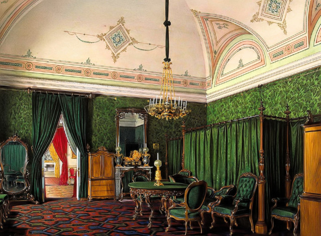 Обои картинки фото рисованное, эдуард гау, дворец, интерьер, зал, свод, лепнина, люстра, стулья, стол, ковер, шторы, зеркала