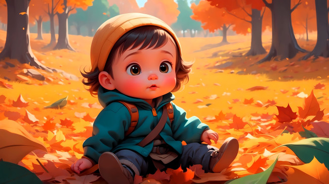Обои картинки фото рисованное, дети, ребенок, осень, парк, листья, деревья