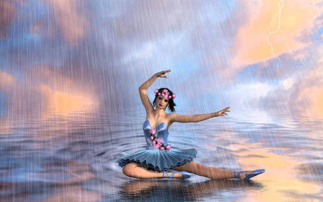 Обои картинки фото 3д графика, люди , people, девушка, балерина, цветы, дождь