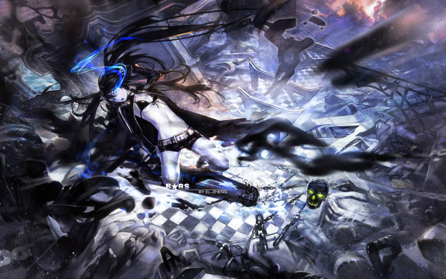Обои картинки фото аниме, black, rock, shooter, цепи, оружие, тьма, череп, девушка