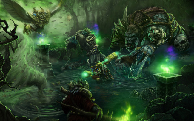 Обои картинки фото фэнтези, существа, битва, черепа, сова, орк, гномы