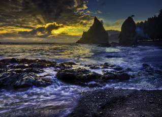Картинка rialto beach olympic national park washington природа побережье скалы тихий океан штат вашингтон национальный парк олимпик закат pacific ocean