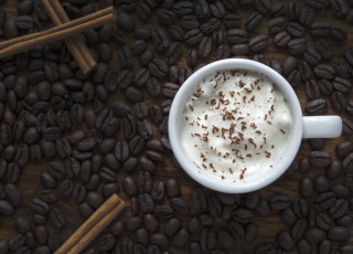 Картинка еда кофе кофейные зёрна корица зерна пенка чашка