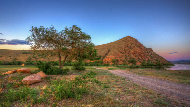 Обои картинки фото природа, дороги, поле, трава, холм, деревья, река, дорога