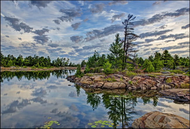 Обои картинки фото calm, morning, danny, island, природа, побережье, море, остров, скалы, лес, тучи