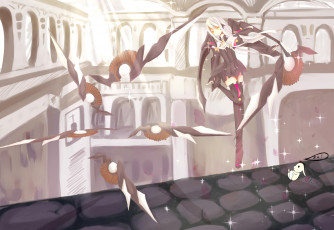 Картинка аниме -weapon +blood+&+technology веер крыша город девушка малыш арт