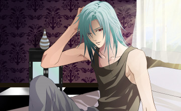 Картинка аниме *unknown+ другое ваза комната мужчина клетчатый пол занавески окно кровать