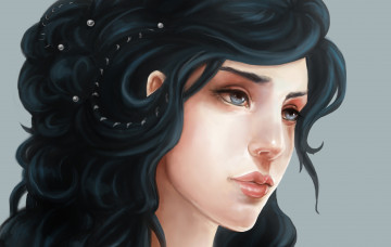 Картинка рисованные люди девушка голубые глаза брюнетка жемчуг