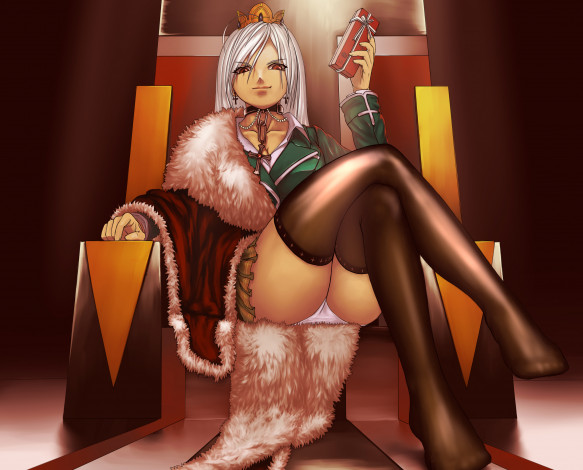 Обои картинки фото аниме, rosario   vampire, jiemaowanwan, крест, гольфы, плащ, белые, волосы, красные, глаза, форма, корона, подарок, девушка, трон, akashiya, moka, украшение