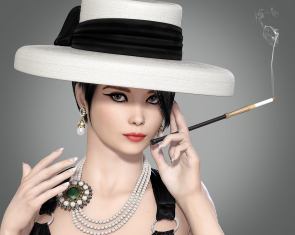 Обои картинки фото 3д графика, портрет , portraits, сигарета, шляпа, девушка, взгляд