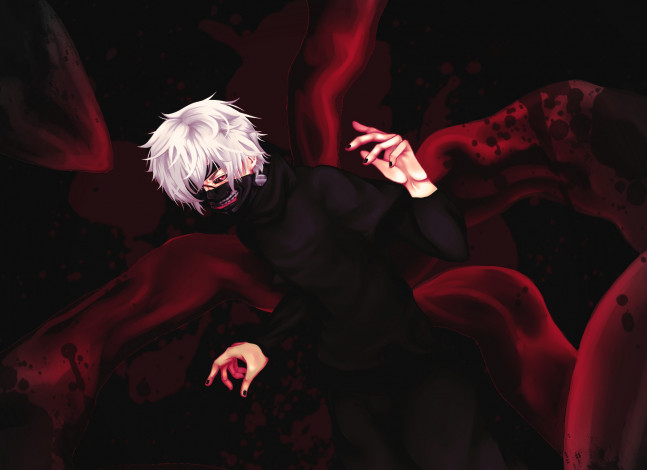 Обои картинки фото аниме, tokyo ghoul, коготь, tokyo, ghoul, kaneki, ken, парень, kou-yuu, art, маска, жест, взгляд, кровь