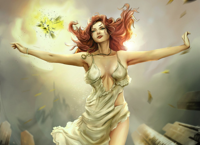 Обои картинки фото рисованные, люди, фон, руки, падает, взгляд, рыжая, девушка