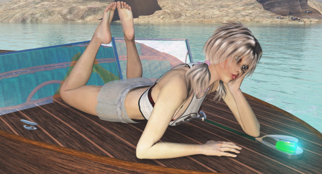 Обои картинки фото 3д графика, люди , people, лежит, взгляд, девушка, лодка