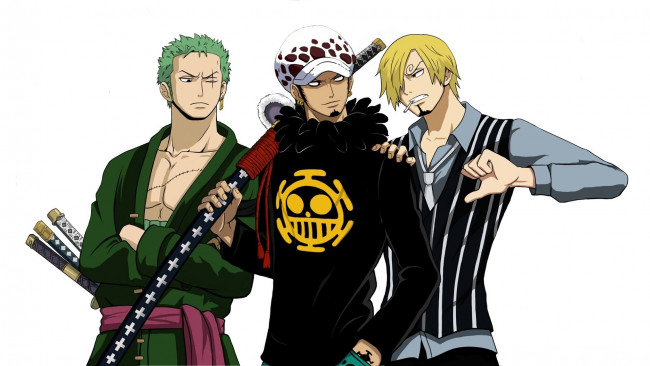 Обои картинки фото аниме, one piece, roronoa, zoro, trafalgar, law, by, yochiru, one, piece, sanji