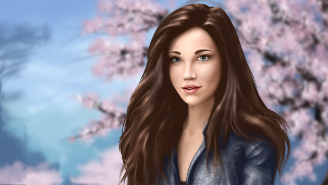 Обои картинки фото рисованные, люди, сакура, красавица, девушка, шатенка, лицо