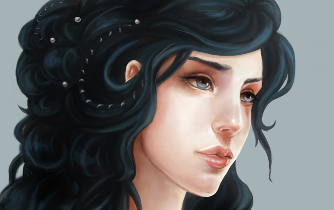 Обои картинки фото рисованные, люди, девушка, голубые, глаза, брюнетка, жемчуг