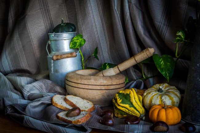 Обои картинки фото еда, натюрморт, каштаны, тыква, хлеб