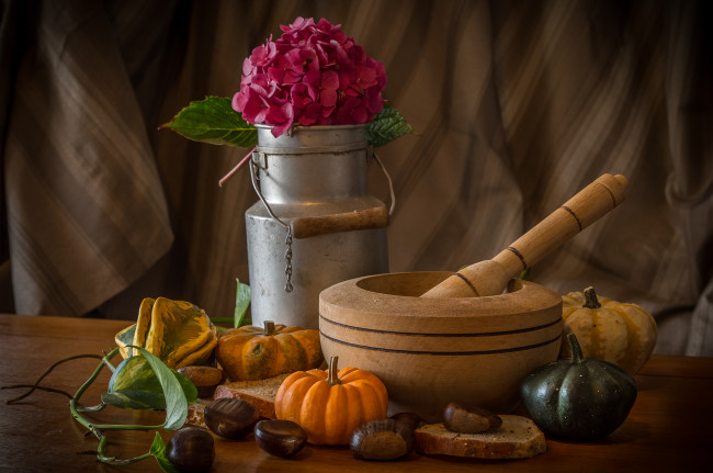Обои картинки фото еда, тыква, натюрморт, цветы, каштаны