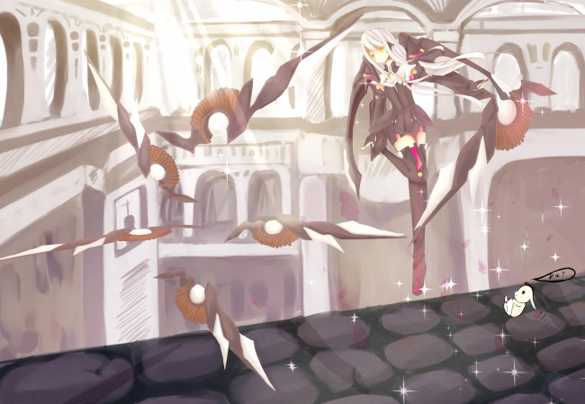 Обои картинки фото аниме, -weapon,  blood & technology, веер, крыша, город, девушка, малыш, арт