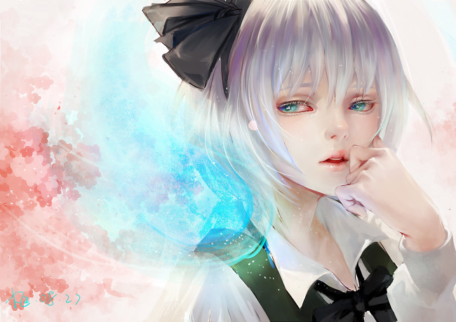 Обои картинки фото аниме, touhou, лицо, бант, konpaku, youmu, взгляд, белые, волосы, девушка, ресницы