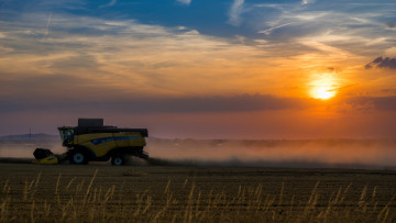 Картинка техника комбайны комбаин поле восход утро