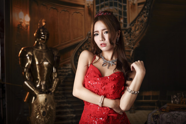 Обои картинки фото девушки, -unsort , азиатки, азиатка, платье, девушка, макияж, красное, лицо, взгляд, стиль