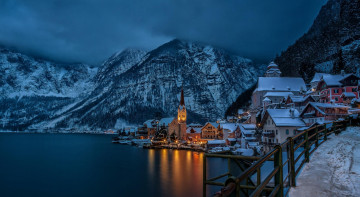 Картинка города гальштат+ австрия снег зима горы озеро