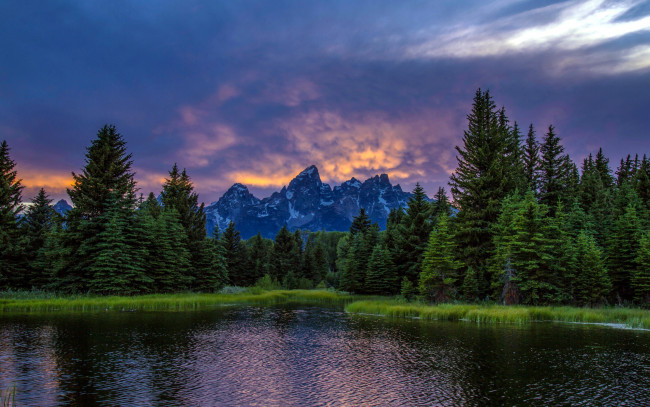 Обои картинки фото природа, восходы, закаты, закат, лес, горы, река