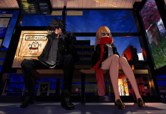 Картинка аниме город +улицы +интерьер +здания парень девушка