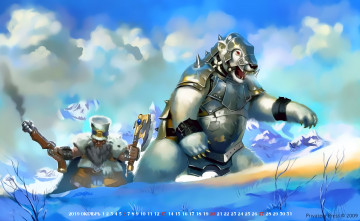 обоя календари, фэнтези, оружие, calendar, 2019, снег, медведь, существо