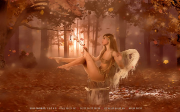 обоя календари, фэнтези, 2019, calendar, деревья, растение, профиль, девушка, лес, природа
