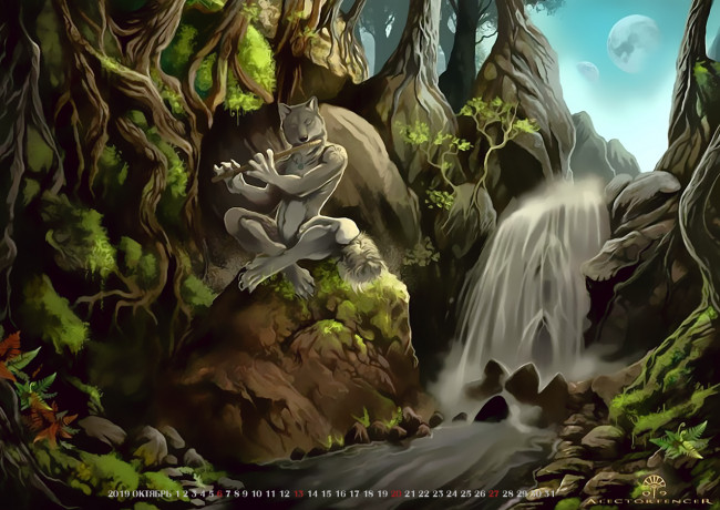 Обои картинки фото календари, фэнтези, природа, водопад, животное, волк, calendar, растение, флейта, 2019
