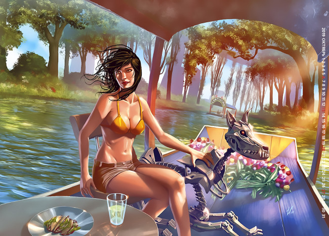 Обои картинки фото календари, фэнтези, 2019, calendar, девушка, водоем, стакан, робот, стол