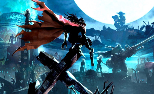 Обои картинки фото видео игры, final fantasy vii,  dirge of cerberus, винсент, валентин, плащ, оружие, развалины