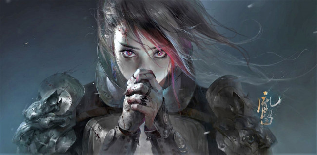 Обои картинки фото фэнтези, девушки, девушка, броня, жест