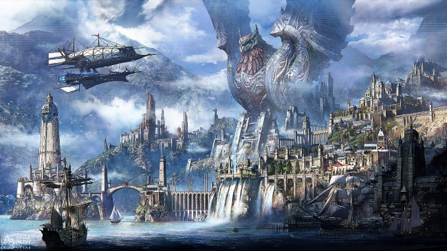 Обои картинки фото видео игры, a3,  still alive, дирижабль, статуя, горы, корабли, город