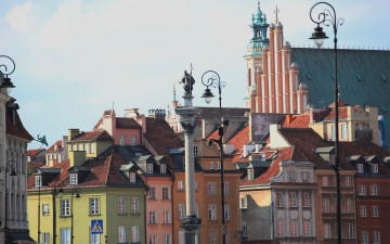 обоя города, варшава , польша, памятник, дома, фонари, собор
