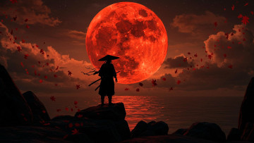 Картинка 3д+графика люди+ people самурай силуэт скалы луна море облака листья