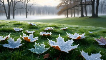 обоя разное, компьютерный дизайн, листья, трава, капли, деревья, туман, лес