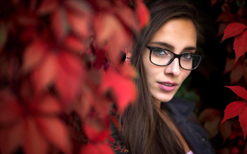 обоя девушки, - лица,  портреты, шатенка, лицо, очки, осень, листья