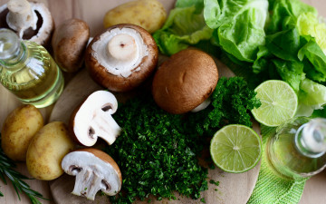 обоя еда, разное, масло, зелень, грибы, шампиньоны