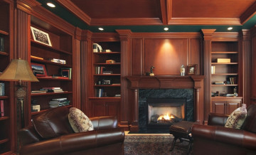 Картинка интерьер кабинет библиотека офис камин кресла шкафы