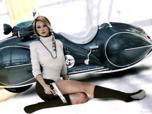 Картинка 3д+графика люди+ people пистолет юбка блондинка девушка мопед ноги