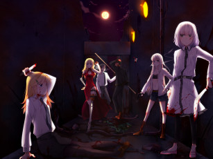 Картинка аниме оружие +техника +технологии арт tateshina ryouko девушки парни кровь сигарета дым пистолет ножи луна небо облака ночь