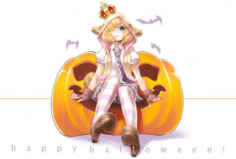 Картинка аниме магия +колдовство +halloween хеллоуин тыква девушка арт rin2008