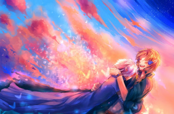 Картинка аниме unknown +другое арт uchuubranko парни закат небо облака птицы