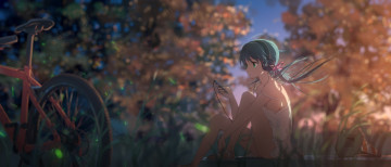 Картинка аниме музыка природа телефон велосипед девочка наушники арт optical-core