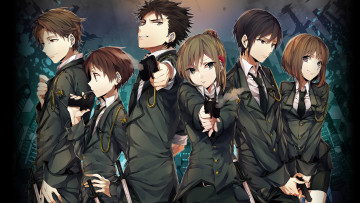 Картинка аниме psycho-pass арт девушки парни оружие наушники дым форма